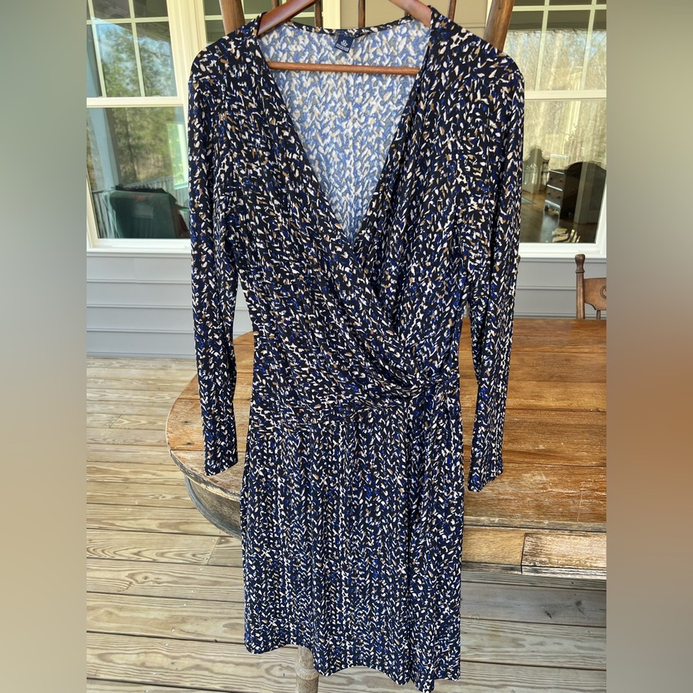 CHAPS Faux Wrap Dress Blue Abstract Long Sleeve Easy Care XL